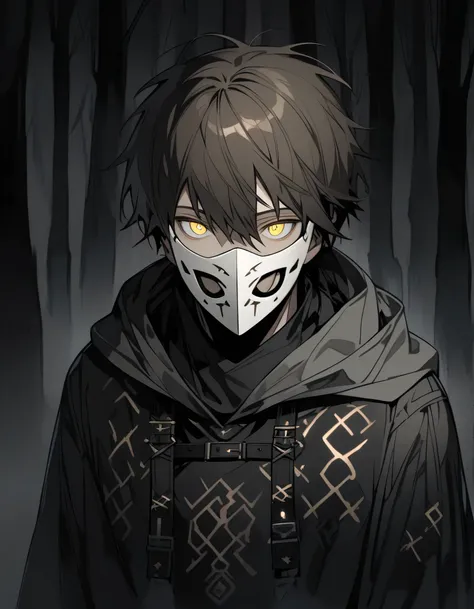 One Person, Half Body, Adult Male, brown Hair, short Hair, Light yellow eyes, Full face white mask, grey Hooded cloak, black shirt, black harness belt, Dark forest, Black Aura, god, rune motif on shirt.