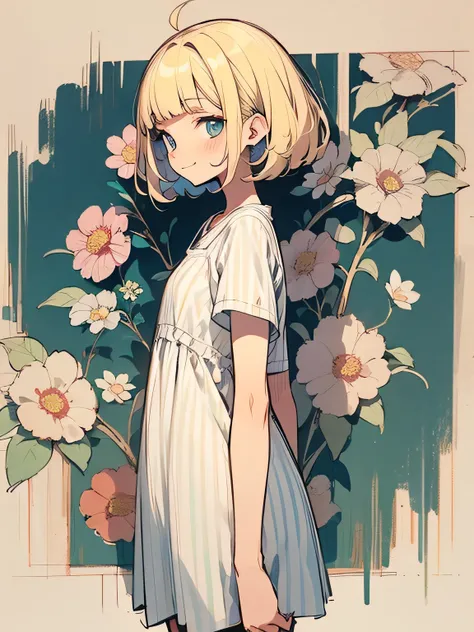 sideview,solo,(looking at viewer:1.3),upperbody,blonde retro spiky curly bob,blunt bangs,British, stylish western design one-piece dress with floral pattern, nihilistic smile, pastel striped room wallpaper, own room, kitchen, (manga style),(sketch),( illus...