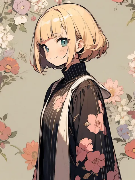 sideview,solo,(looking at viewer:1.3),upperbody,blonde retro spiky curly bob,blunt bangs,British, stylish western design one-piece dress with floral pattern, nihilistic smile, pastel striped room wallpaper, own room, kitchen, (manga style),(sketch),( illus...