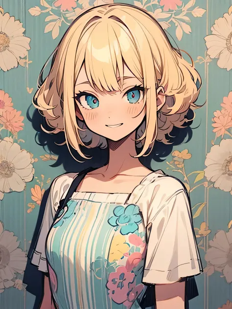 solo,(looking at viewer:1.3),upperbody,blonde retro spiky curly bob,parted big forehad,British, stylish western design one-piece dress with floral pattern, nihilistic smile, pastel striped room wallpaper, own room, kitchen, (manga style),(sketch),( illustr...