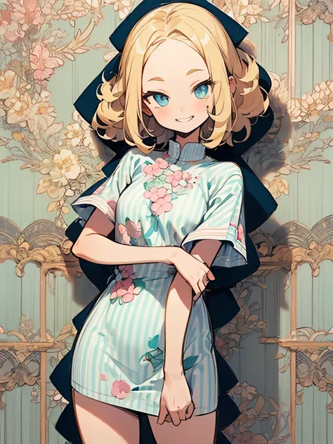 solo,(looking at viewer:1.3),upperbody,blonde retro spiky curly bob,(parted big forehead),British, stylish western design one-piece dress with floral pattern, nihilistic smile, pastel striped room wallpaper, own room, kitchen, (manga style),(sketch),( illu...