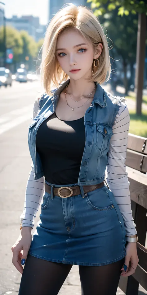 android 18, light blonde hair, medium hair shaggy cut for women, blue transparent eyes of slavic caucasians, she has sexy double...