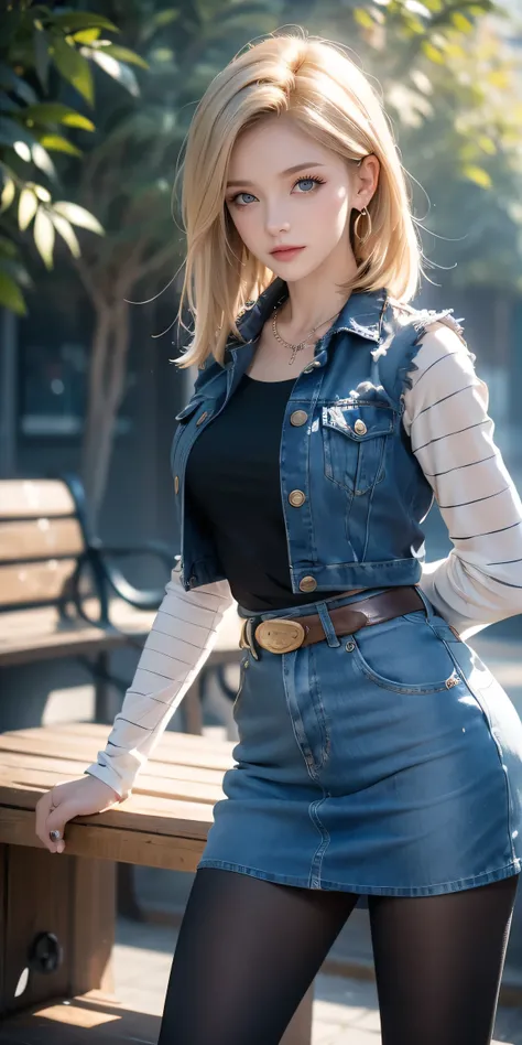 Android 18, Light Blonde hair, Medium hair shaggy cut for women, Blue Transparent eyes of Slavic Caucasians, She has sexy double eyelids above and below her eyes, The flash in the eyeballs is brilliant, She is not wearing any jewelry such as a necklace aro...