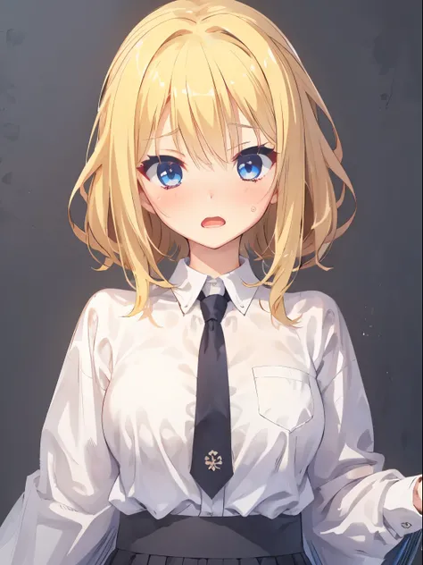 (surprised, wide eyed, blush, open mouth), Japan, 1 girl, upper body, (facing viewer, looking viewer), standing straight, (blue eyes, (blonde hair), (wavy hair:0.65), medium hair, medium breast), (white shirt, black necktie, black pencil skirt), (gray back...