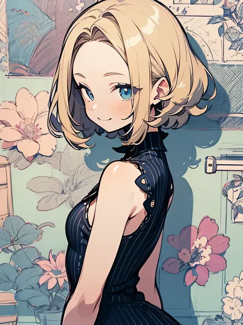 solo,(looking at viewer:1.3),upperbody,blonde retro spiky curly bob,(side parted forehead),British, stylish western design one-piece dress with floral pattern, nihilistic smile, pastel striped room wallpaper, own room, kitchen, (manga style),(sketch),( ill...