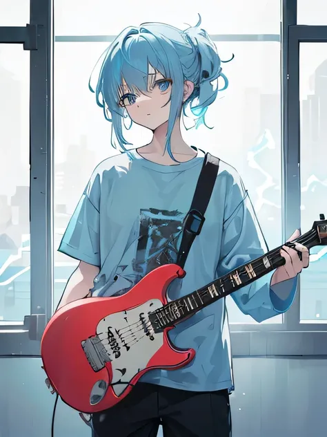 (((1 person))), ((((Alone)))), ((Messy hairstyle)), ((( light blue hair ))，Electric guitar，High image quality