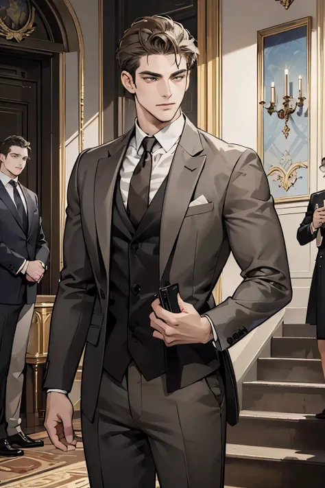 (( best quality )), ((masterpiece)), (detailed), a handsome man in a gray brown suit，a bodyguard in dark clothes， two people too...