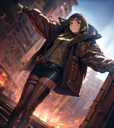 araffe woman in a brown leather jacket and skirt posing for a picture, wearing cyberpunk leather jacket, leather clothing and boots,  cyberpunk style outfit,  cyberpunk costume floating in the air, leather clothes, brown leather jacket, very aesthetic leat...