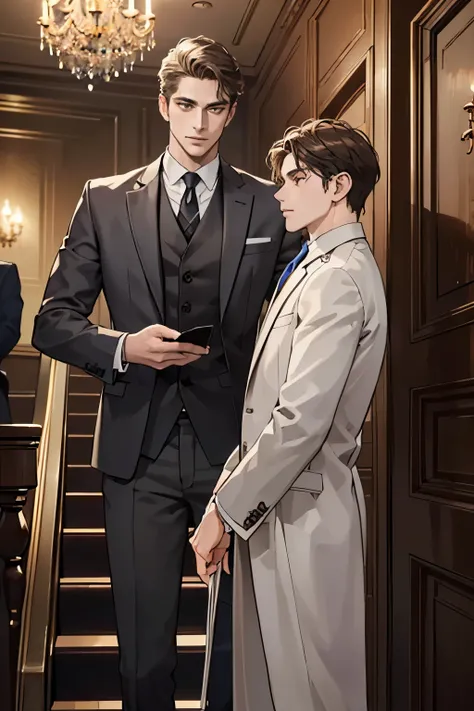 (( best quality )), ((masterpiece)), (detailed), A handsome man in a gray brown suit，A bodyguard in dark clothes， Two people took the stairs from the villa to the living room，Perfect face perfect handsHigh resolution , Necessary,  Awarded multiple times , ...