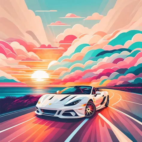 A white sports car driving on a seaside road，The sun sets in the background，Vector illustration style， colorful 