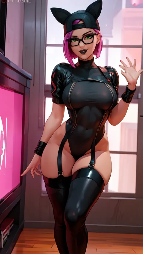 1 girl, black lips, choker, night, (masterpiece) (game room, night) (best quality) (alone), looking at viewer, highly detailed, extremely detailed, fine green eyes, dynamic pose, short pink hair, cap ,lace pantyes,latex thigh high boots, glasses, mischievo...