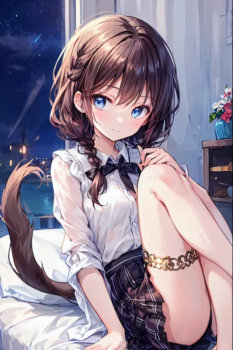  please redeem ， every detail of a beautiful face，cute， dark brown eyes，(背の低いcute女の子，Young student，Young and delicate girl）,（masterpiece， please redeem )， black hair， sleepy look after intercourse，Checkered black skirt， brown hair， shortcut ，messy hair ，  ...