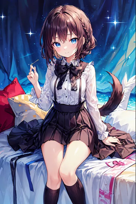  please redeem ， every detail of a beautiful face，cute， dark brown eyes，(背の低いcute女の子，Young student，Young and delicate girl）,（masterpiece， please redeem )， black hair， sleepy look after intercourse，Checkered black skirt， brown hair， shortcut ，messy hair ，  ...