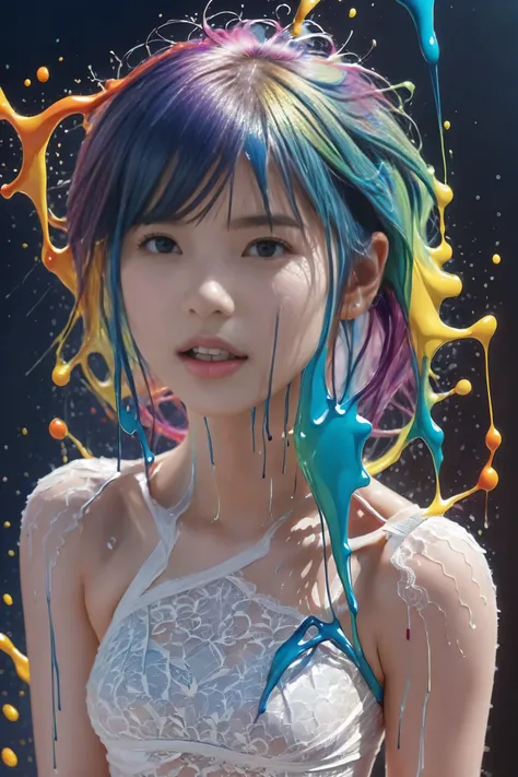 (Level Difference:1.8),(Paint collision 、 splashing on canvas ),(   Professional Lightning   ),(   flat color  :1.1,(Theme)),1 person,poster,, Young Face, ((  embarrassed expression :1.4)),  short hair,  Medium bust , (((  she has liquid dye applied to her...