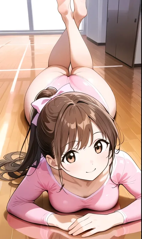 an anime girl lying on a wooden hard floor in a pink vest, 1girl, pink leotard, athletic leotard, solo, lying, on stomach, brown hair, leotard, wooden floor, smile, ponytail, brown eyes, looking at viewer, ass, barefoot, long hair, bow