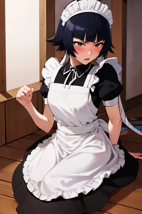 NSFW,masterpiece, best quality, high definition , very detailed,Soi Fon, shorthair 、 long hair,( maid clothes:1.5), maid headband ,Embarrassed,blush