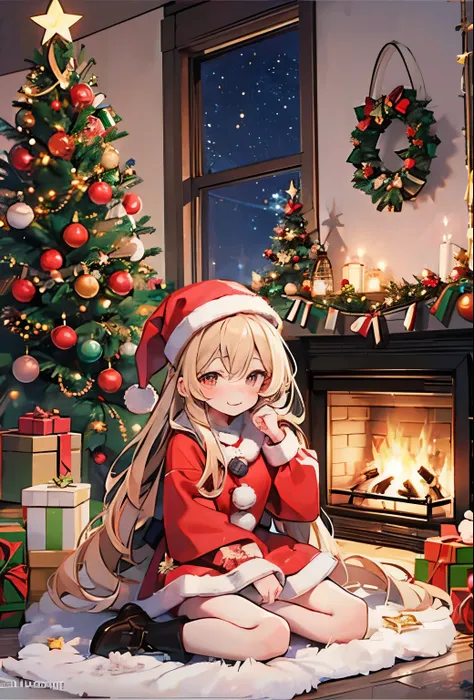 Joyful girl, vibrant Santa costume, mini skirt, long sleeves, playfully gazing at viewer, cozy indoor backdrop, warm glow from fireplace, beautifully decorated Christmas tree, long hair cascades softly, starry night sky through window, rich tapestry of fes...