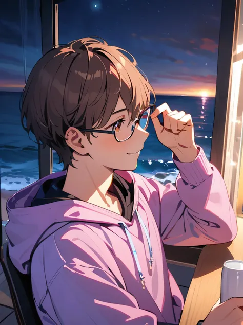      Ultra High Definition,masterpiece, Awards,   best quality ,1 person,   handsome boy,    is looking over here,  brown hair,23 years old,Glasses,Introvert, moonlight,Sitting on a chair, happy smiles dancing on the beach,  pink hoodie,  shorthair  ,     ...