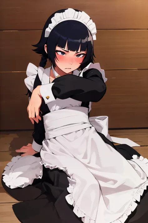 NSFW,masterpiece, best quality, high definition , very detailed,Soi Fon, shorthair 、 long hair,( maid clothes:1.5), Crop Top , maid headband ,Embarrassed,blush