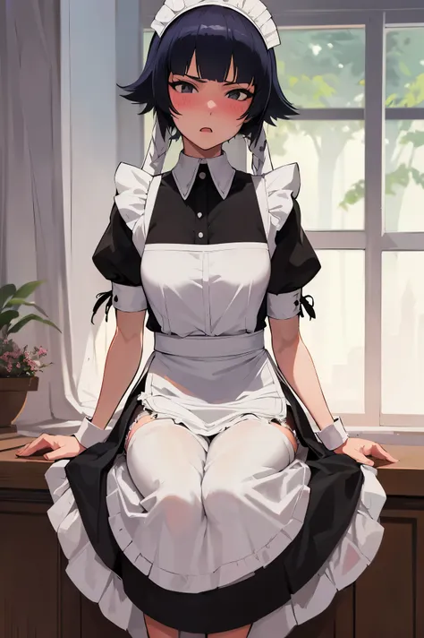 NSFW,masterpiece, best quality, high definition , very detailed,Soi Fon, shorthair 、 long hair,( maid clothes:1.5), Crop Top , maid headband ,Shocked face,blush