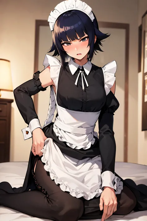 NSFW,masterpiece, best quality, high definition , very detailed,Soi Fon, shorthair 、 long hair,( maid clothes:1.5), Crop Top , maid headband ,Amazed expression,blush