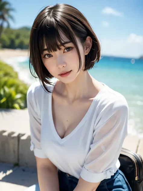  1 girl、top-quality、Realistic、solo、 depth of field、 natural soft light 、Daytime、 charming、 Beautiful Faces 、Cleanliness、 Pure Face、white skinned、Cute、 shorthair 、Bans、 beach 、Sunshine、 nedium breasted body esbian 、(( beautiful face with golden ratio of sym...