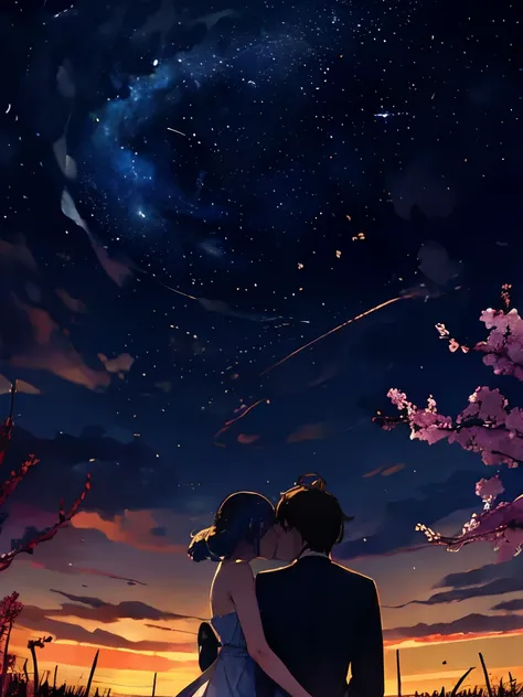     Silhouettes of men and women staring at each other, distant girl wearing a ドレス staring at the star, (zoomed out:1.3), (流star群:1.2), (彗star:1.1), your name, Low Angle,               from behind,               aurora              , 流れstar,  cherry blosso...