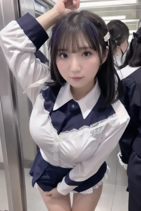 ((nsfw)), ((masterpiece, Best Quality)), very detailed、 1girl, from below , ((big breasts)),　matsubara kanon , busty, bangs, long_hair, ((skyblue hair)), ribbon, hair ornament, (one side up hair), hair ribbon, (((Student Uniform))), brown shirt, long sleev...