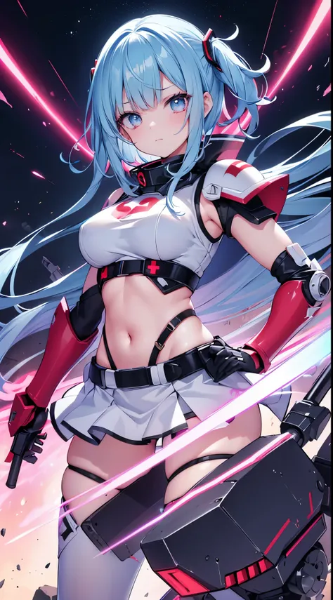 1 supercute girl wear a Red Crossbone Pirate armor, mechanical wing, Space War Background, Rainbow Aura Body, Supernove Power, Light Blue Hair, Red Eye, Perfect Body, Sexy, neon glow, Shooting Beam Cannon, Sad mood, very detailed, Fighting stance, mecha mu...