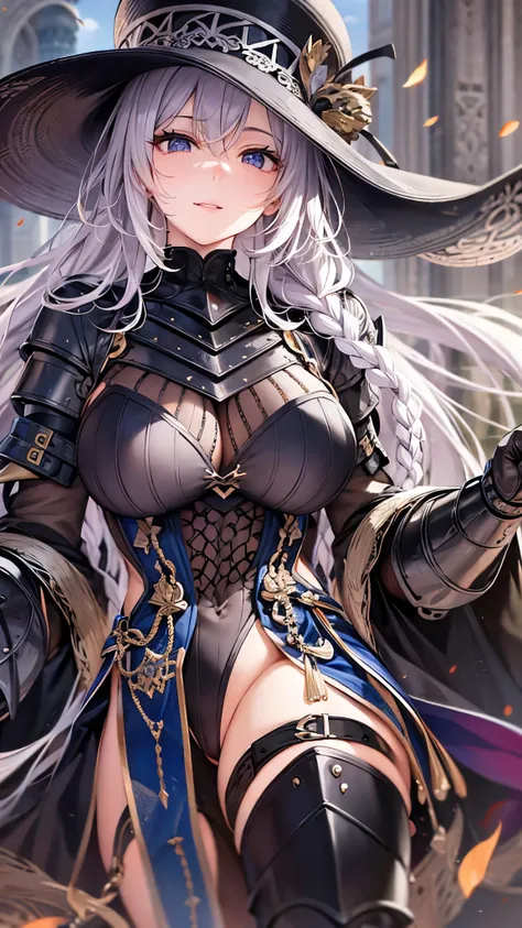 (( best quality)),( ultra high resolution),(Super detailed),( detailed description ),(( best CG )),(masterpiece), Highly Detailed Art ,( Art with Precise Details:1.5), (Adult female:1.5),(Large Braided Hat :1.6),(Leotard Armor:1.6),(High Knee Boots :1.5),s...