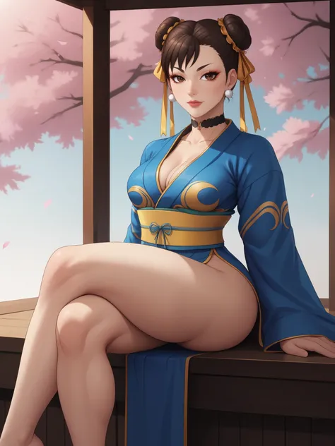 Chun-li. brown hair. odangos hairstyle is tied with ribbons.brown eyes. Big growth. athletic legs. small saggy breasts. huge, toned thighs. choker. bow. kimono. Cherry blossom. sitting