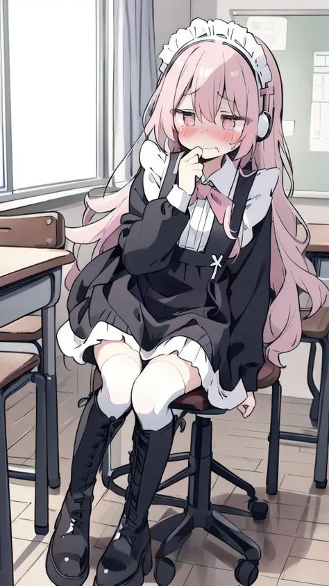 long pink hair，maid costume， pink eyes ， black headphones ，white boots， blush shy，classroom scene， embarrassment comes from ,  b...