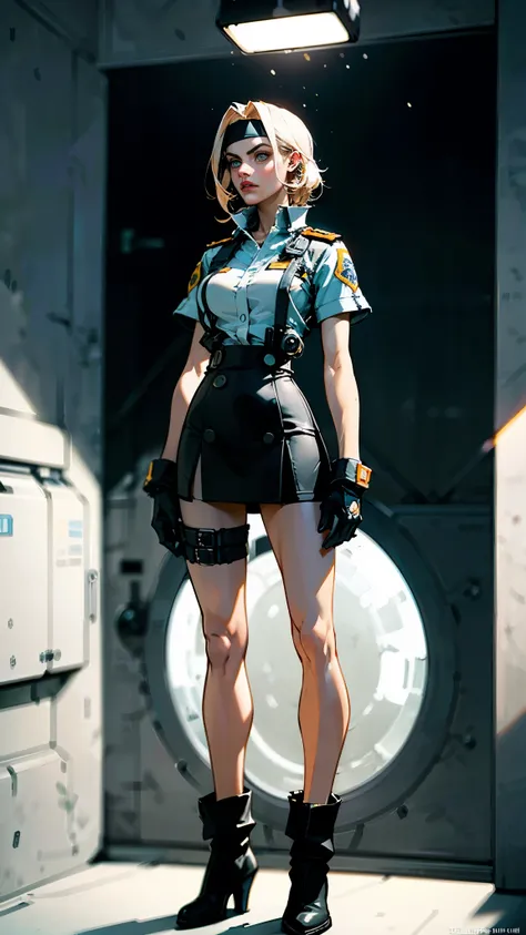 (masterpiece:1.2, best quality:1.2, extremely delicate:1.2), ((Alexandra Daddario:1.2)), a girl with short light golden hair, a metal headband on her forehead, icy gaze, detached expression, smooth and exquisite facial appearance, perfect body, perfect ski...