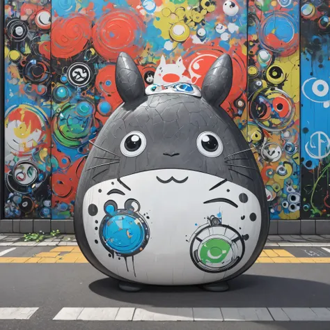 Ultra-realistic 藤ちょこ style, Simple line acronym abstract art, Cute design, Street fashion, Cute Amoeba , TOTORO, The background is a stylish graffiti