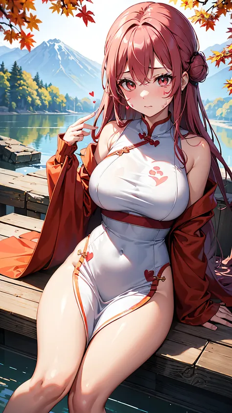 ((highest quality, muste piece, High resolution)). She is an adult woman with a mysterious and charming aura, brown eyes, mole under eye, with sharp eyeliner. pink hair, half twin bun hair, (large breasts:1.2), flowing sweat, white china dress, cheongsam d...