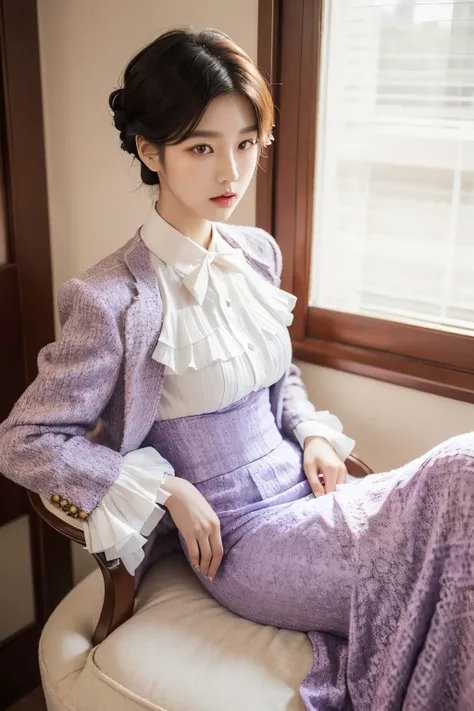 A Korean man in ladies vintage suit dress, he is crossdresser, body like a woman, slender female body, white and purple, Rich lace and frills, long sleeves, cropped jacket, mermaid line long skirt, tweed, sit quietly