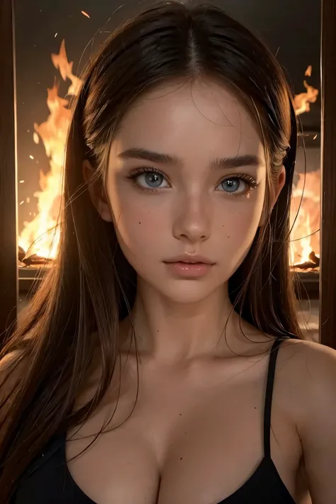 Up close portrait of a woman, beautiful face and eyes, fire in the background, fire lighting up face and in reflection, sultry and dark