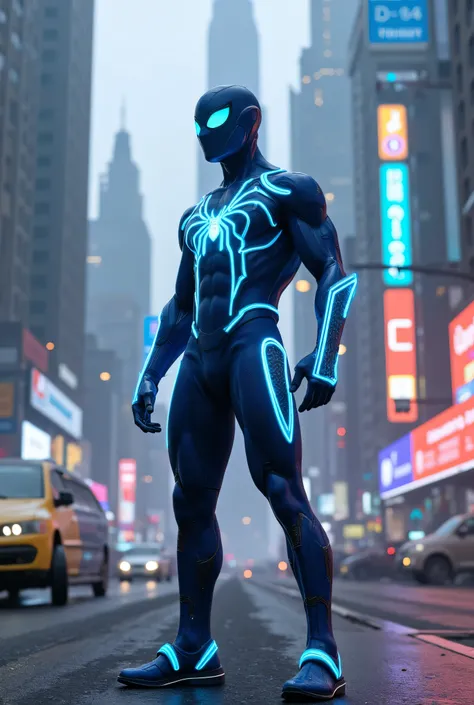 Imagine a futuristic and muscular Spider-Man-inspired character standing in a high-tech, neon-lit city. The suit has a sleek, high-tech design with a primarily blue color scheme, giving it a clean and futuristic appearance. Accents of light cyan or neon gl...