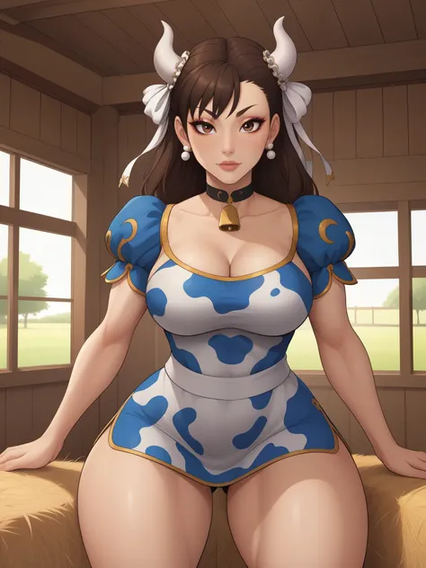 Chun-li. brown hair. odangos hairstyle is tied with ribbons.brown eyes. Big growth. athletic legs. small saggy breasts. huge, toned thighs. choker. сow horns. cow dress. farm. bales of hay. 