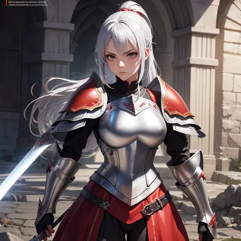 Beautiful girl wearing red armor in medieval European style、Silver hair ponytail、 with a sword、battlefield、Detailed anime art textured skin,  anatomically correct,  high definition ,  angry,  rough breathing,  staring
