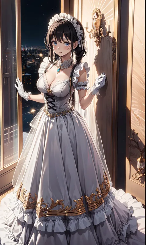   teenage girl  ，obsessed，  Have Fun  ，in love，( White Transparent Maid Outfit ，Long skirt)，Brown special hairstyle，  blue eyes，  Clear Clothes， Exquisite hair accessories ，Black long gloves， transparent lace  ，Sky blue pattern，night，Dress nicely，bedroom，s...