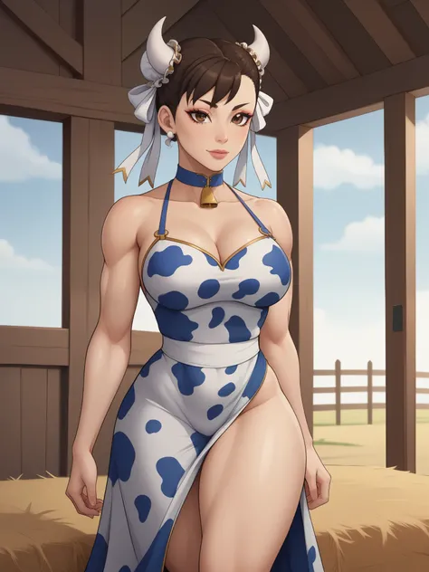 Chun-li. brown hair. odangos hairstyle is tied with ribbons.brown eyes. Big growth. athletic legs. small saggy breasts. huge, toned thighs. choker. сow horns. cow dress. farm. bales of hay. 