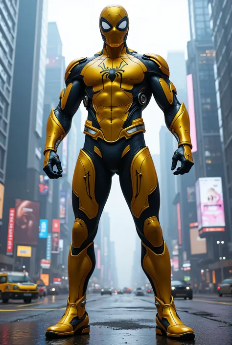 Imagine a futuristic and muscular Spider-Man-inspired character standing in a high-tech, neon-lit city. The suit has a sleek, high-tech design with a primarily gold color scheme, giving it a clean and futuristic appearance. Accents of light black or yellow...