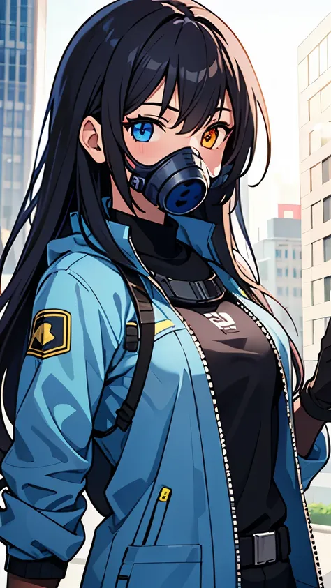 1girl, android, gas mask, long hair, mixed hair color, heterochromia eyes, jacket, gloves