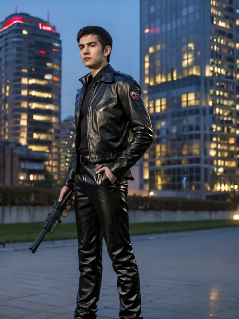 an asian handsome man, wearing a black leather jacket, army blue trousers, short hair, holding a long red laser rifle, standing on the top of a building stalking her enemy,inspired by Adam Dario Keel, maxim sukharev, attractive and handsome, Inspired by Lu...