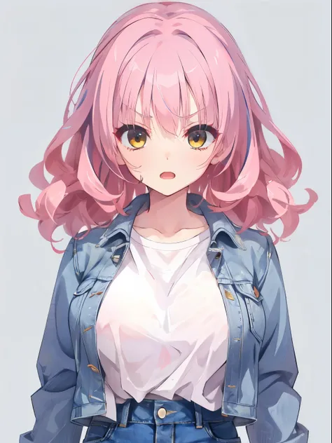 (full of confidence, open mouth, serious), Sweden, 1 girl, upper body, (facing viewer, looking viewer), standing straight, (yellow eyes, (tareme), (pink hair), curly hair, wavy hair, messy hair, medium hair, large breast), ((white t-shirt, denim jacket, bl...