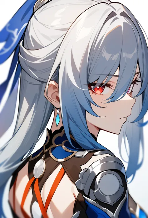 masterpiece, best quality, very aesthetic, absurdres, 1girl, jingliu(honkai: star rail), honkai: star rail, close-up, looking back, high ponytail, red eyes