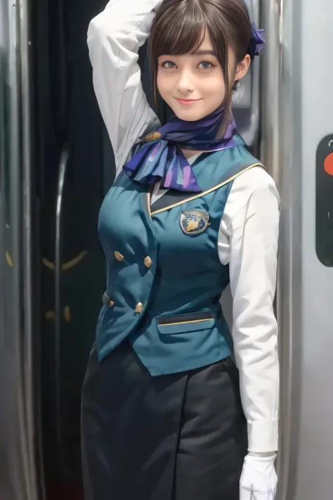 (masterpiece:1.2, best quality:1.2), 32kHDR, kampala, (Alone、 1 girl)、(What is 、 Professional Lighting)、In-flight background、(Nankai Train crew uniformを着たリアルなスタイル)、((Nankai train crew uniform green vest))、(( Nankai train crew uniform collarless white lo...