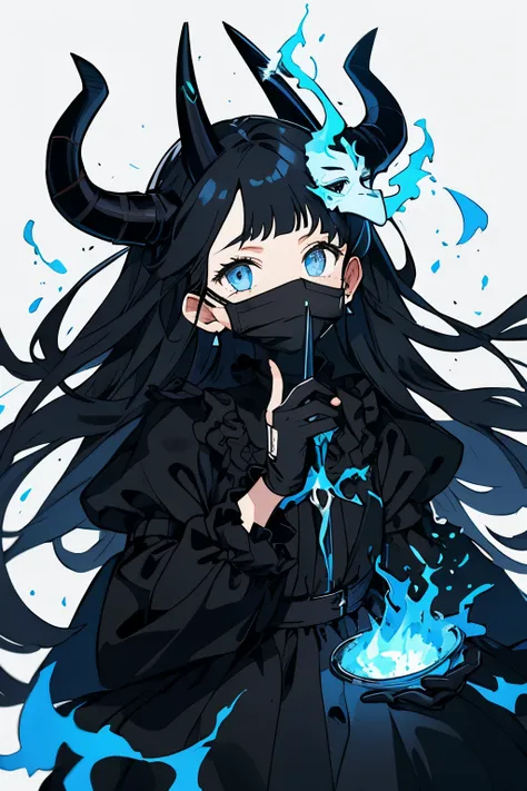 A girl, white skin, black long straight hair, very short bangs, light-blue eyes, black face mask covering mouth, small black horns, black lolitha frilly dress, cute, black gloves, holding blue fire in a hand