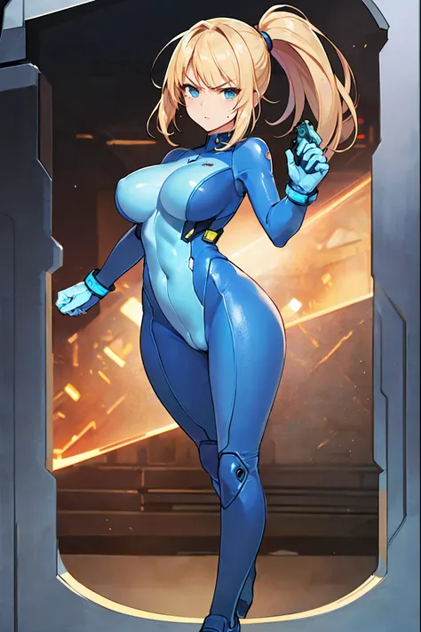 masterpiece, best quality, integrated scenery, integrated background, extremely delicate and beautiful, meticulous details, good composition, , cute face, perfect face, perfect hands,  1girl, Samus Aran (Metroid) ,solo, ponytail, blond hair, (transparent_b...